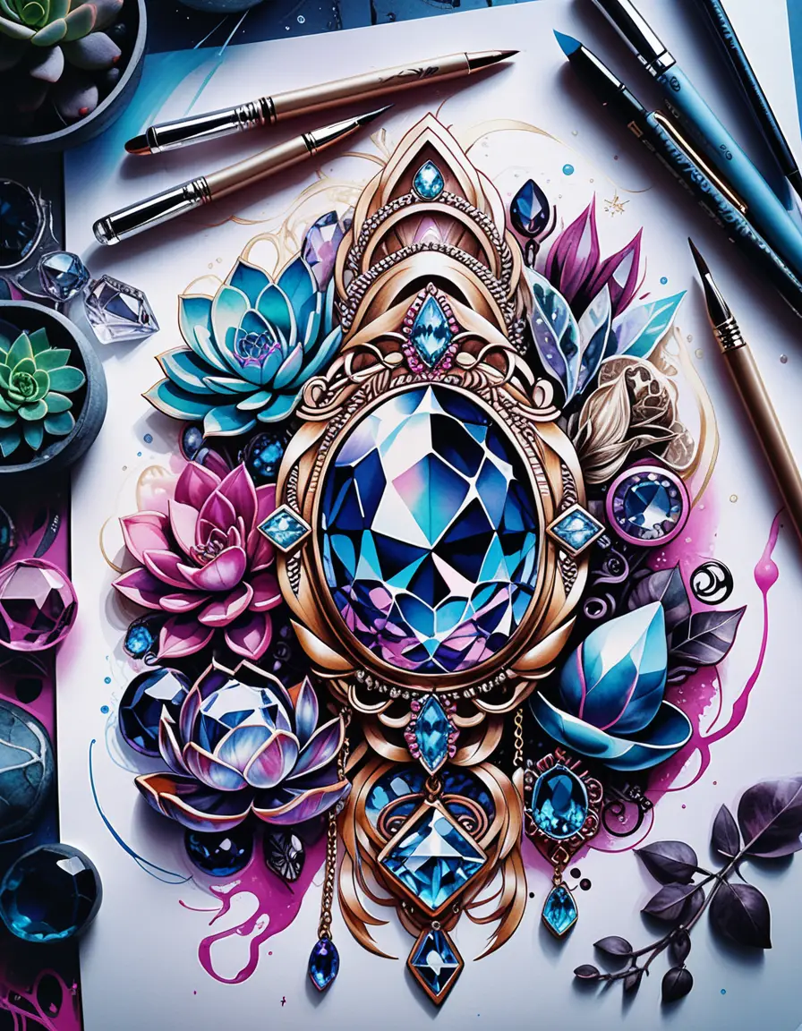 Bohemian gemstone jewelry with colorful succulent tattoo illustration