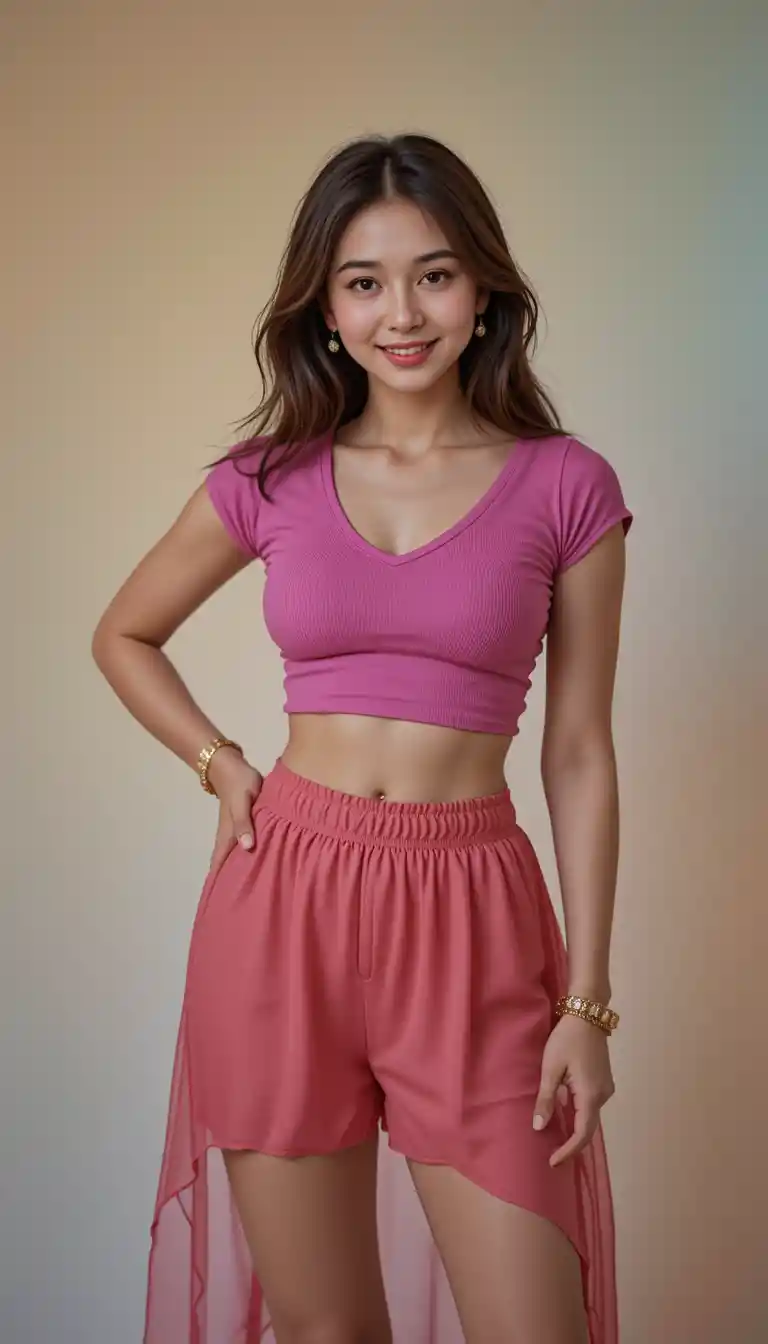 自信に満ちた若い女性の明るいスタジオポートレート