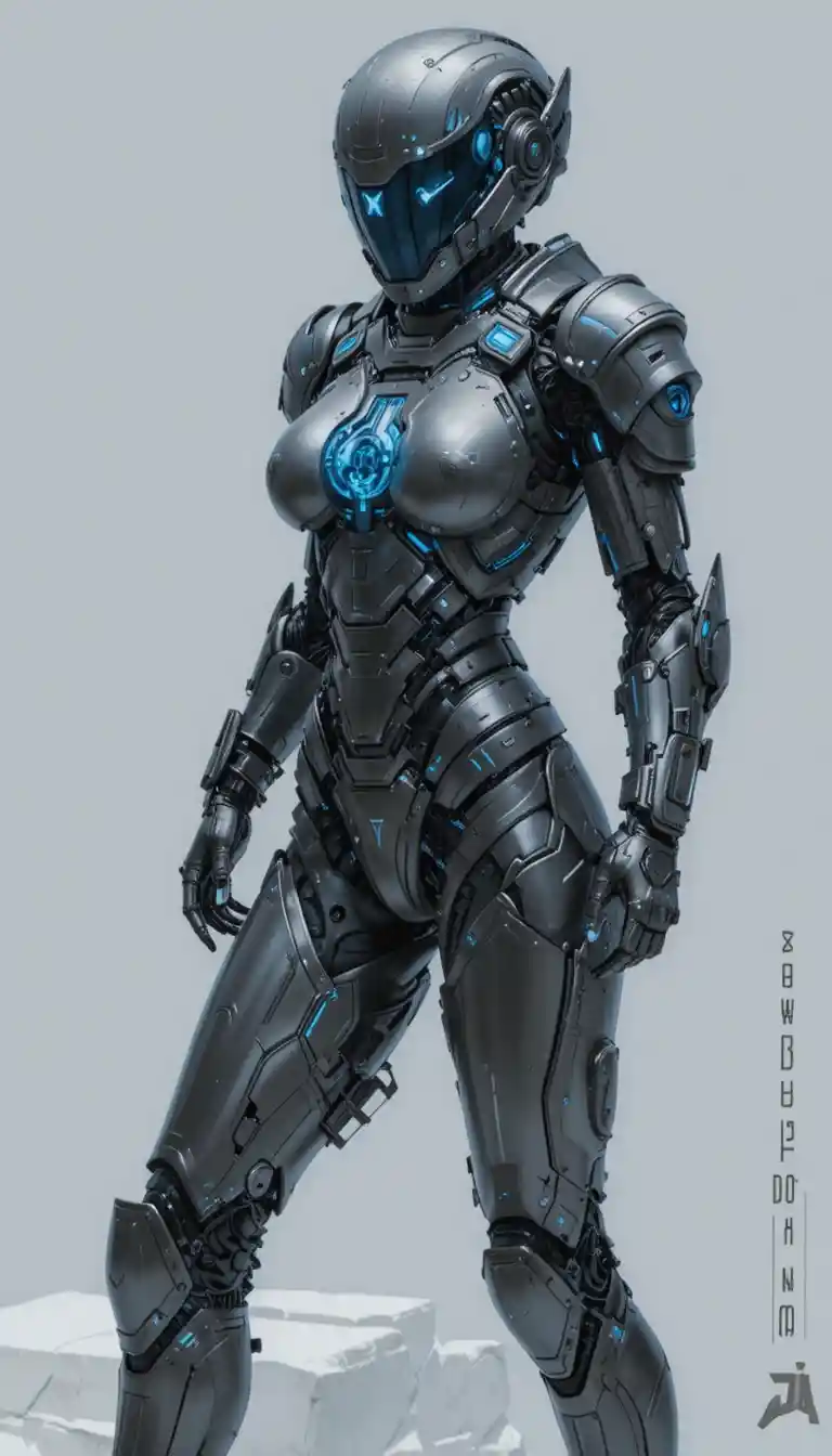 Donna futuristica in armatura da battaglia cyberpunk blu e luminosa