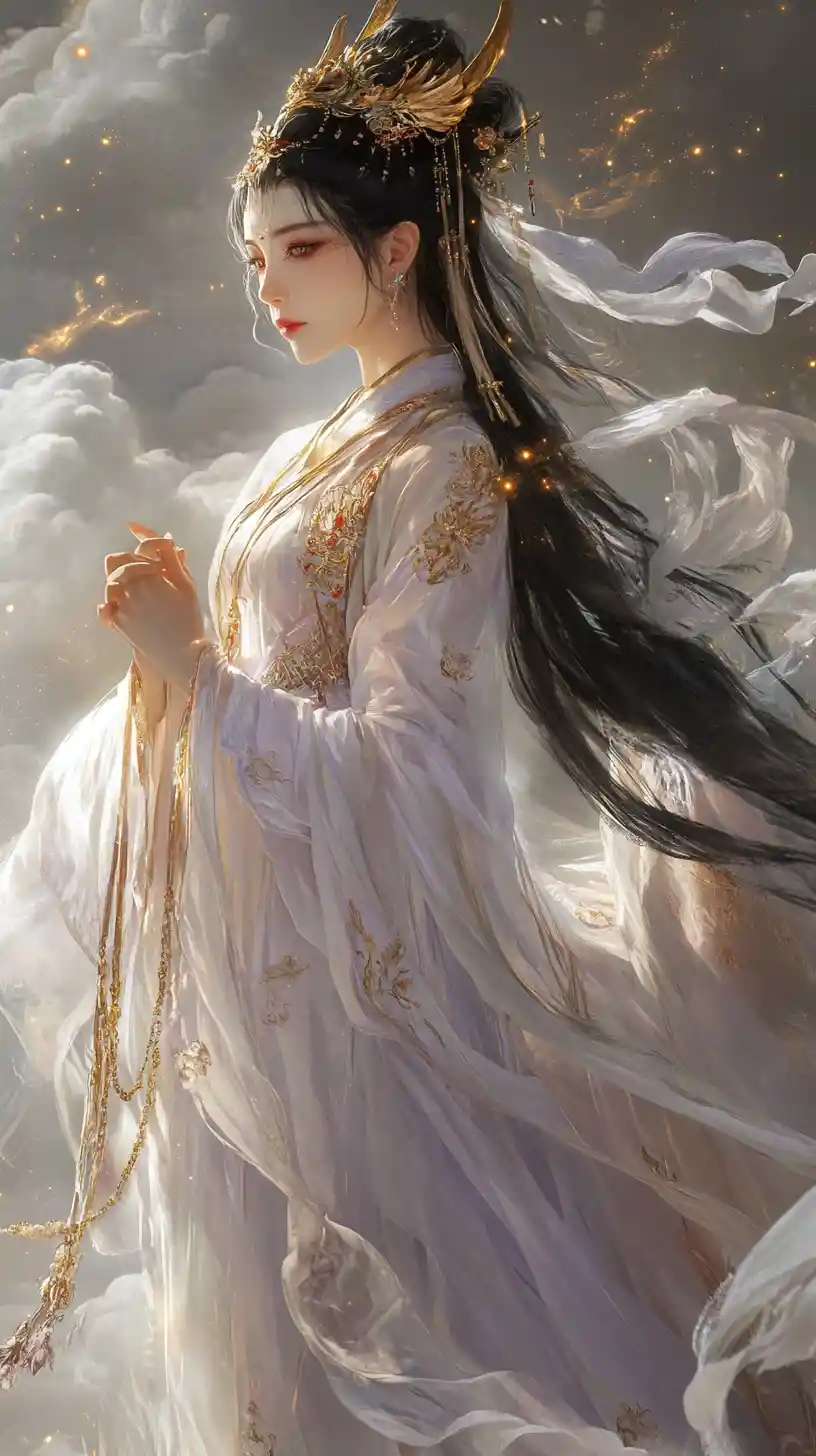 Celestial goddess in flowing hanfu above glowing clouds