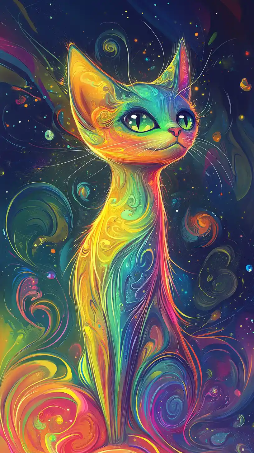 Primo Piano di Gatto Cartoon Giocherellone su Sfondo a Spirale Arcobaleno