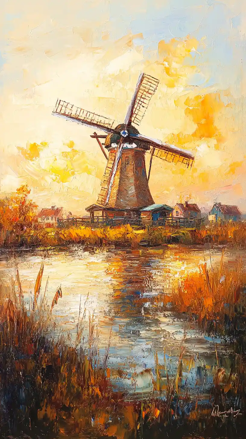 Impressionist landscape with Dutch windmill at golden hour
