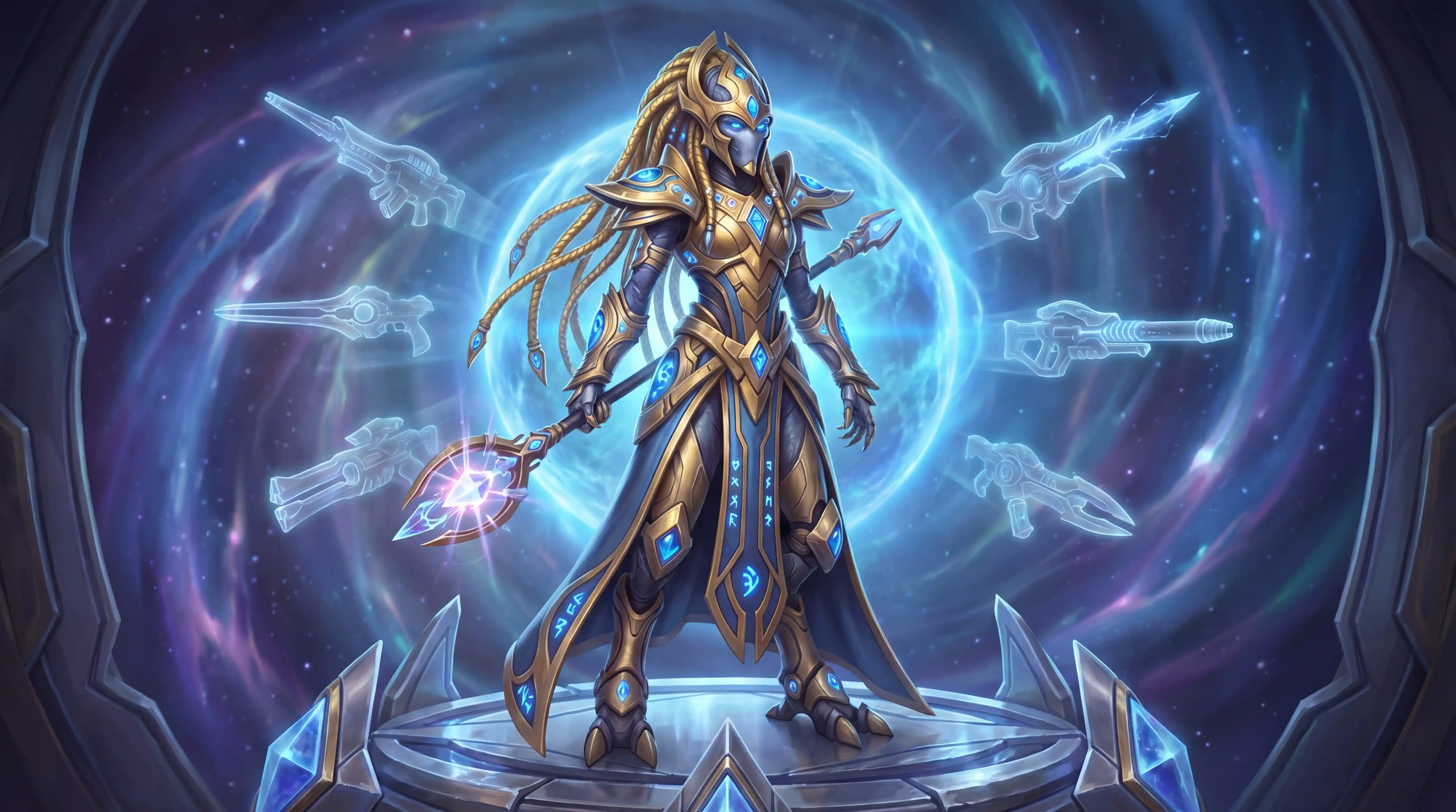 Goldene nerfed Protoss-Frau mit leuchtend blauen psionischen Augen
