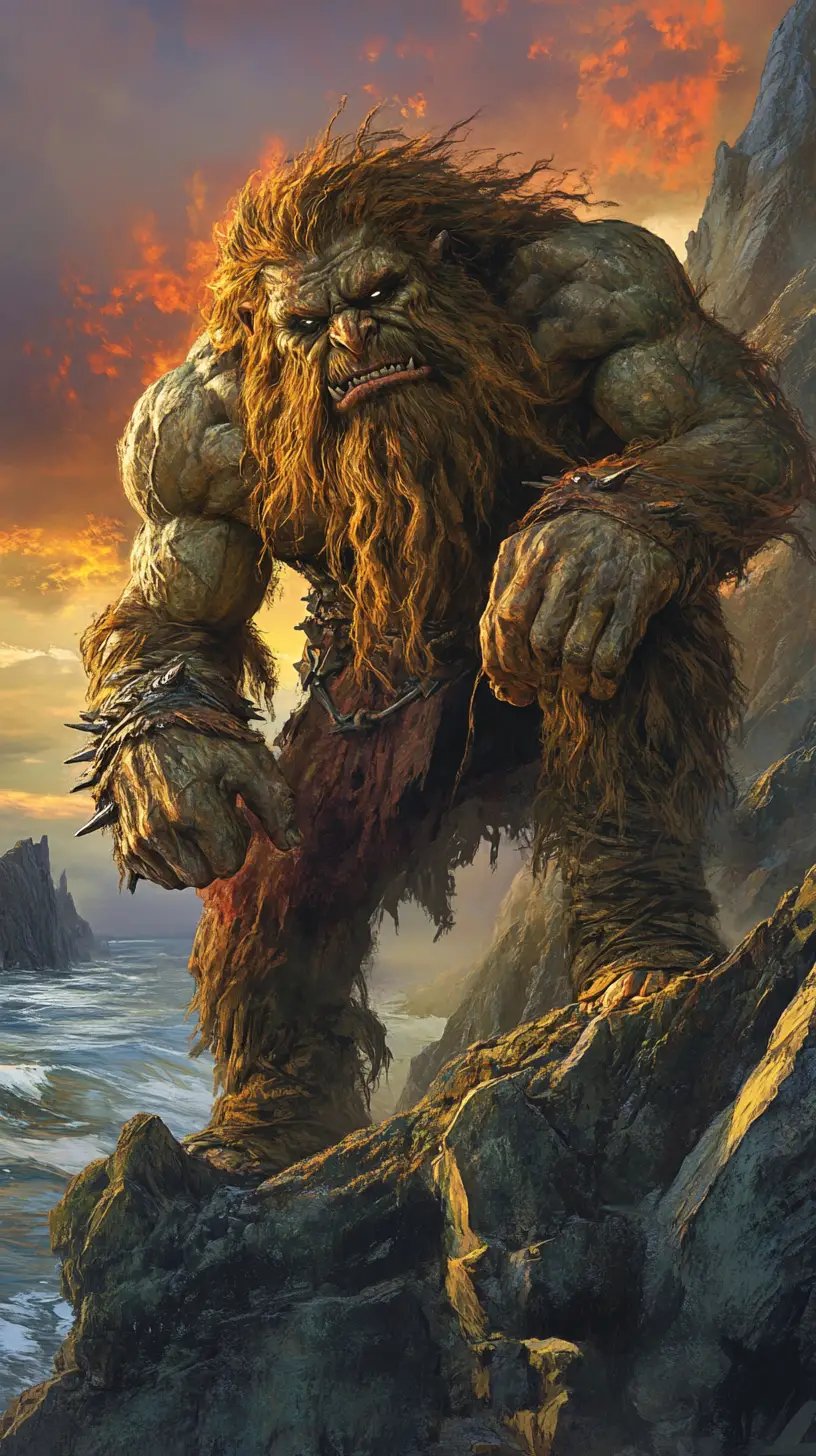 Colossale troll norvegese che domina un fiordo infuocato