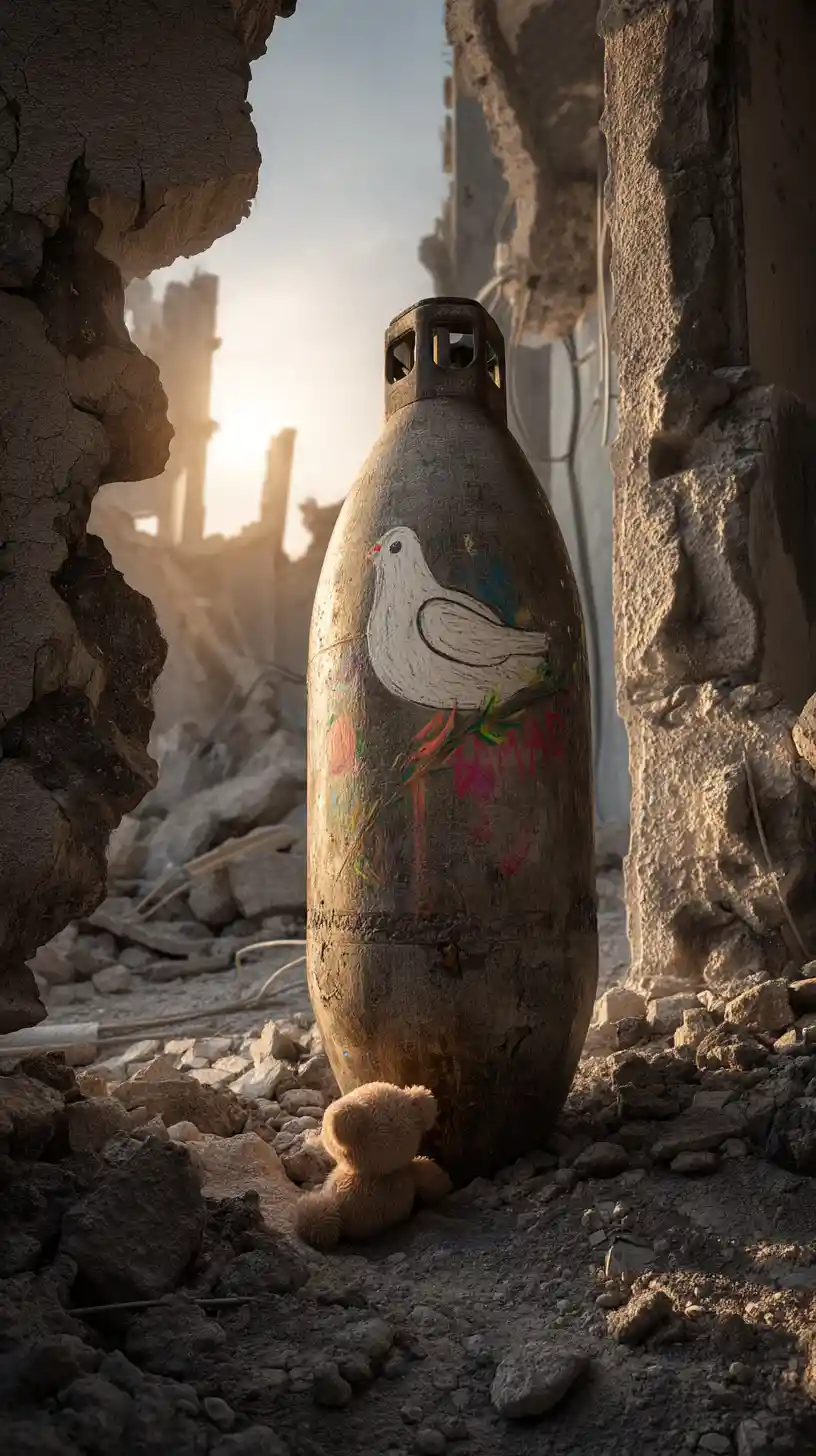 Unexploded bomb with child drawing in ruined city