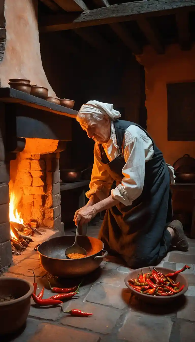 Cuoco anziano su pentola di rame in cucina barocca illuminata dal fuoco