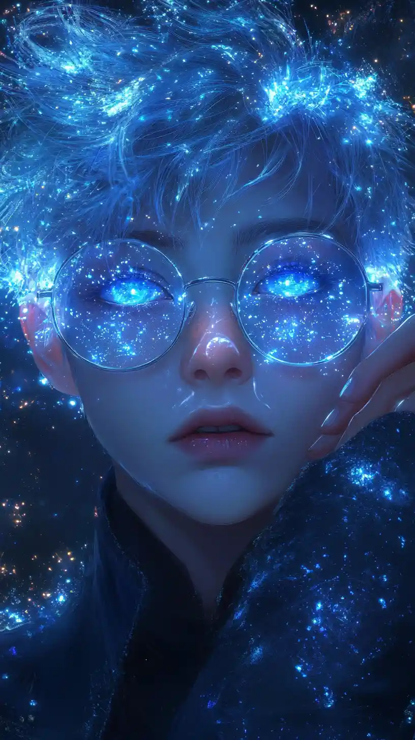Anime boy with glowing blue hair in a cosmic aura