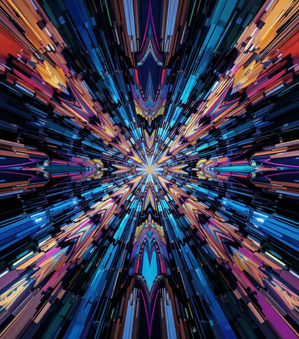 Colorful fractal rainbow pattern radiating from a central point