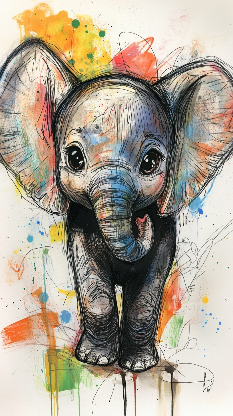 Baby elephant sketch with watercolor splashes and abstract shapes