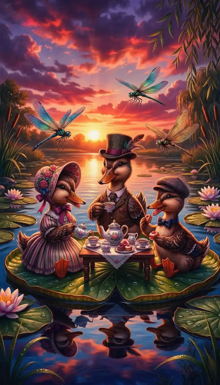 Whimsical Ducks At A Tiny Lily Pad Tea Party At Sunset