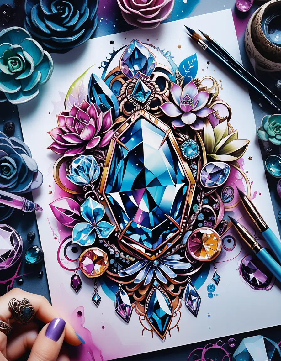 Bohemian gemstone jewelry with colorful succulent tattoo illustration