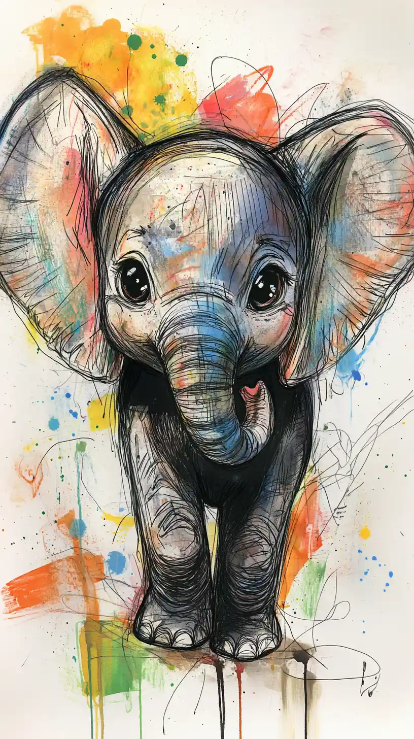 Baby elephant sketch with watercolor splashes and abstract shapes