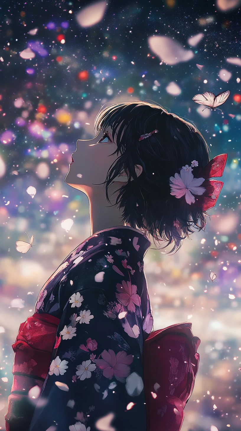 Ragazza anime in kimono che guarda un cielo cosmico