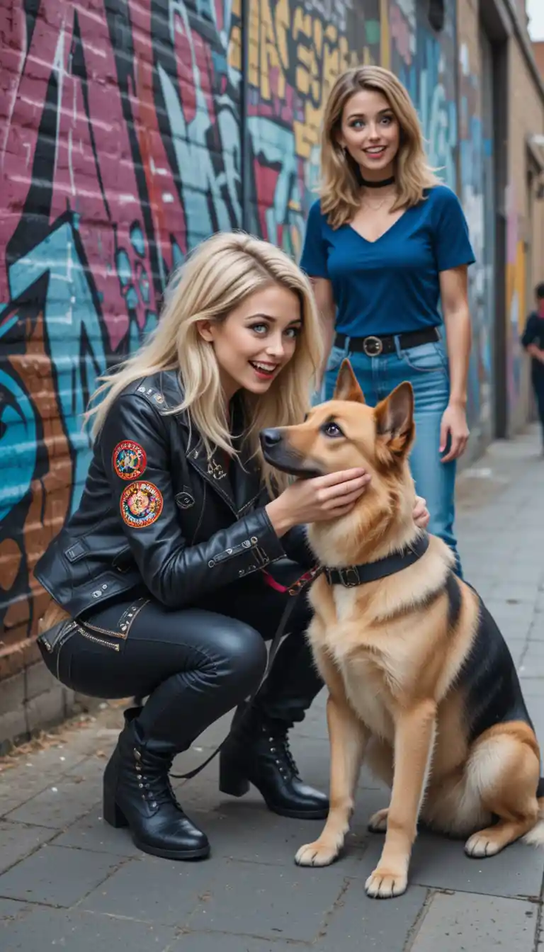 Rock style woman petting german shepherd on urban street