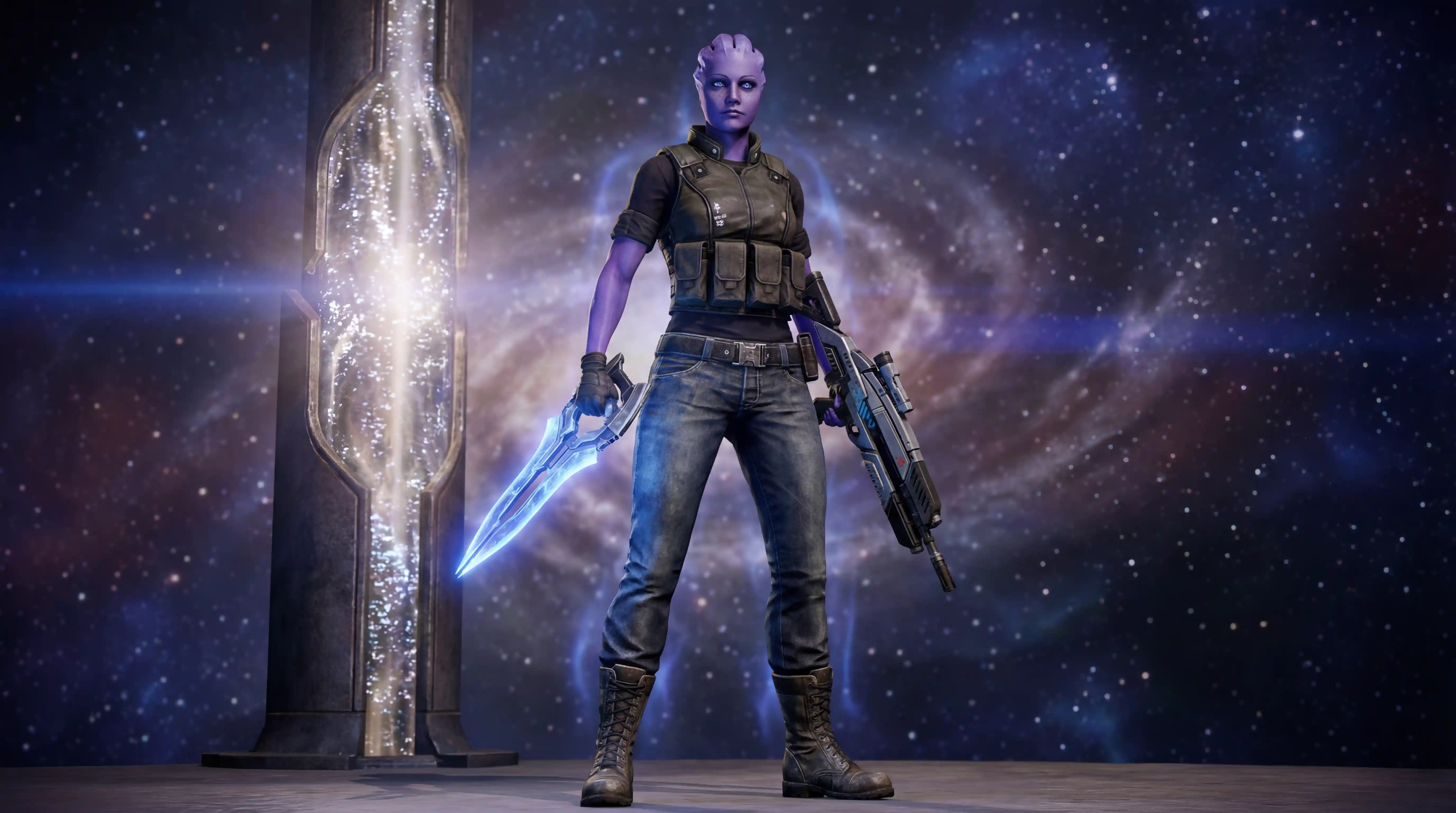 Purple asari warrior woman in shirt jeans and boots