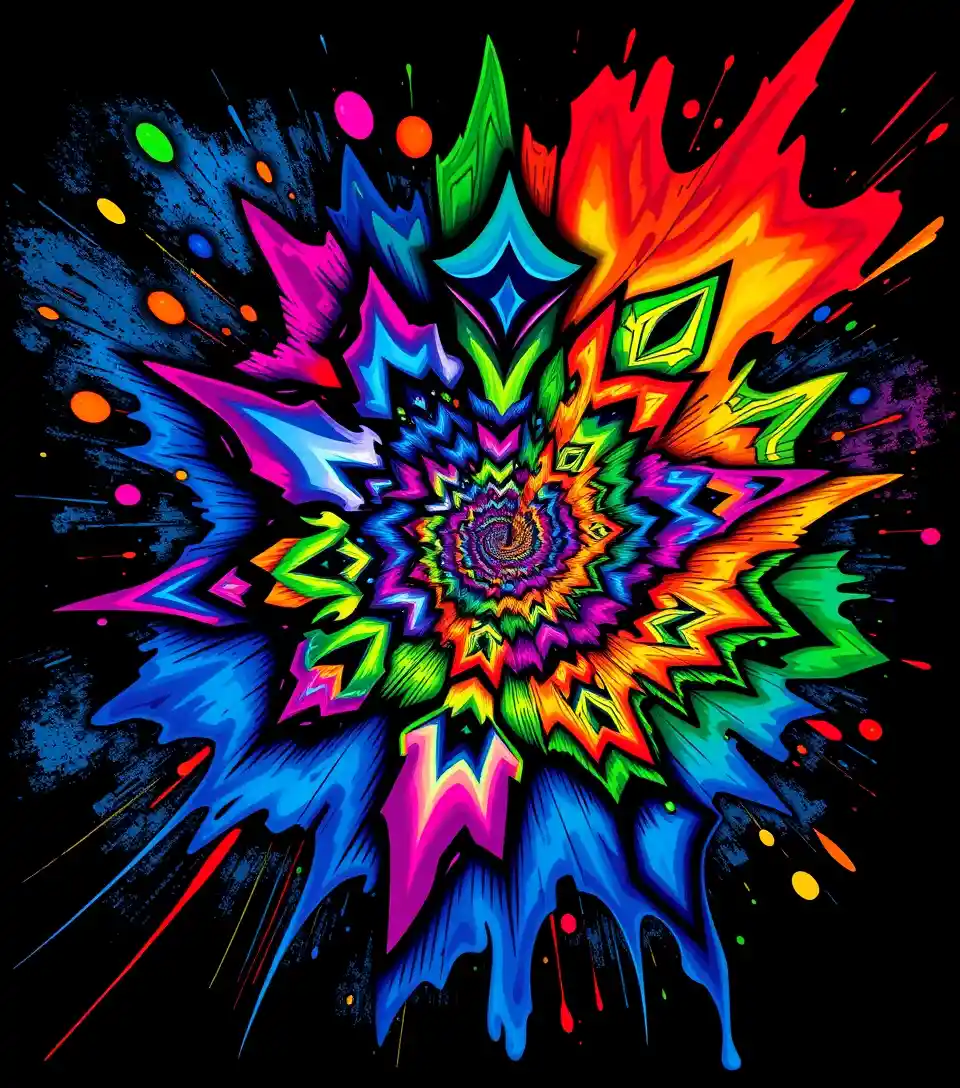 Colorful fractal rainbow shapes radiating from a central point