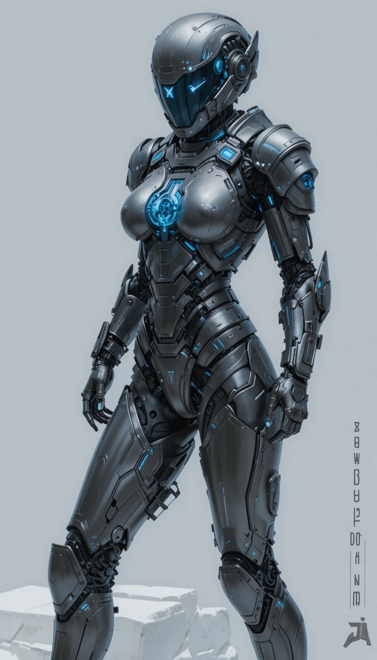 Mujer futurista con armadura de batalla cyberpunk azul y brillante