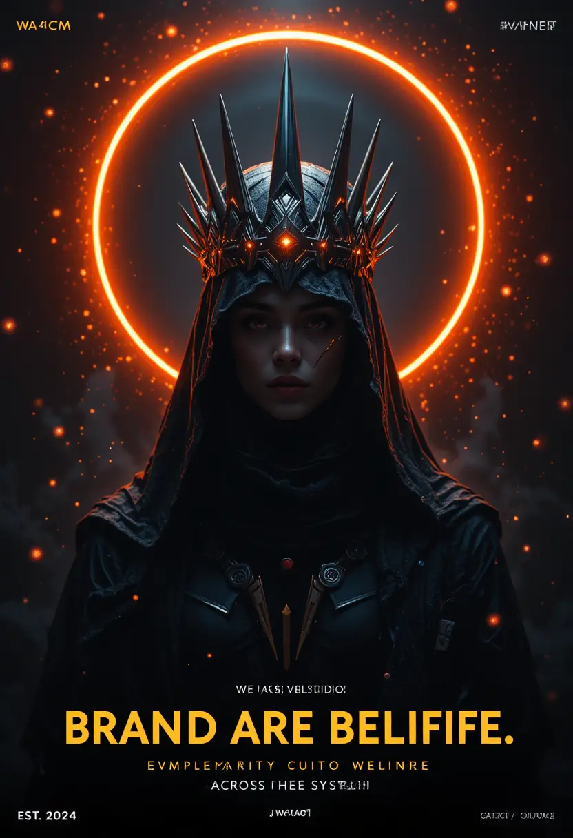 Futuristic sacred branding figure in glowing crown silhouette