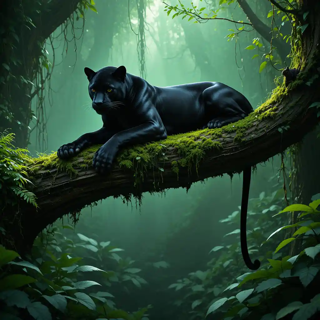 Black panther resting on a mossy tree branch in jungle
