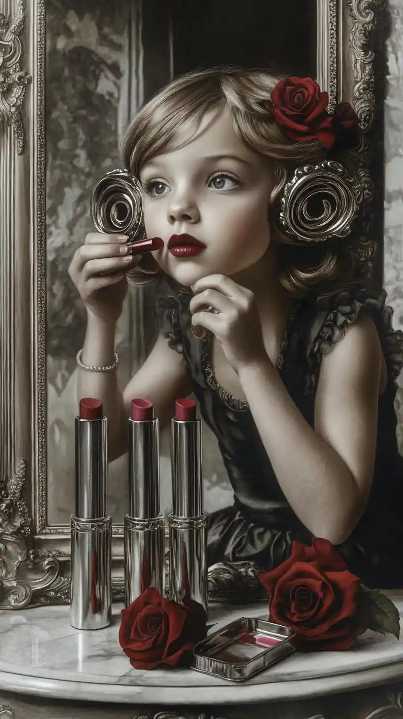 Ragazza che si mette il rossetto allo specchio in un ritratto nostalgico in scala di grigi