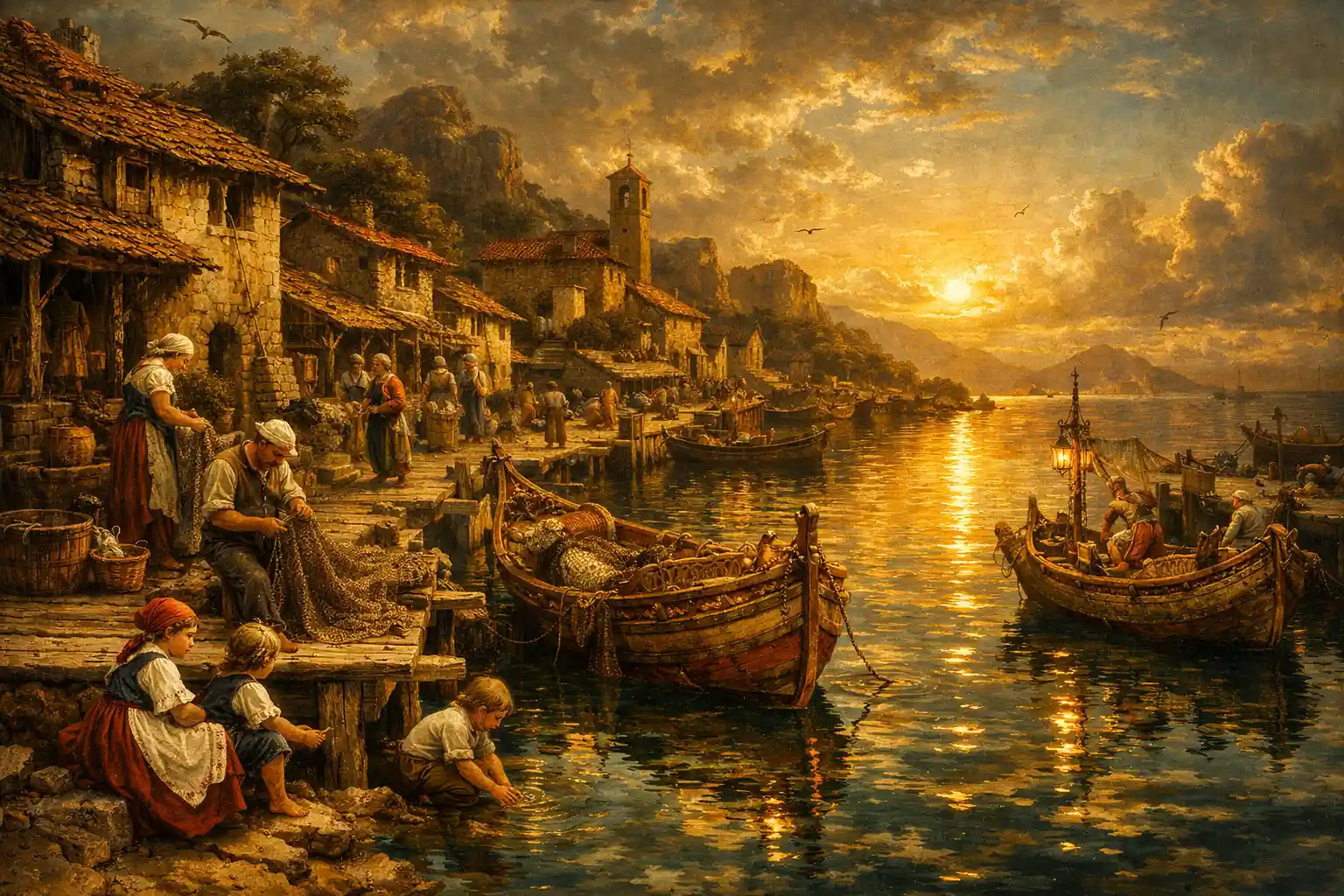 Golden oil painting of a rustic mediterranean fishing village