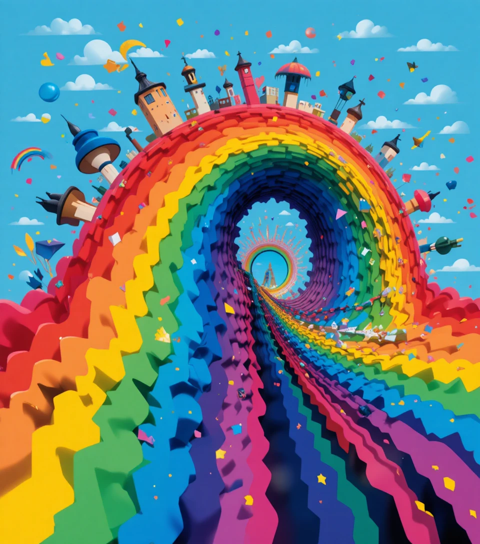 Colorful fractal rainbow shapes radiating from a central point