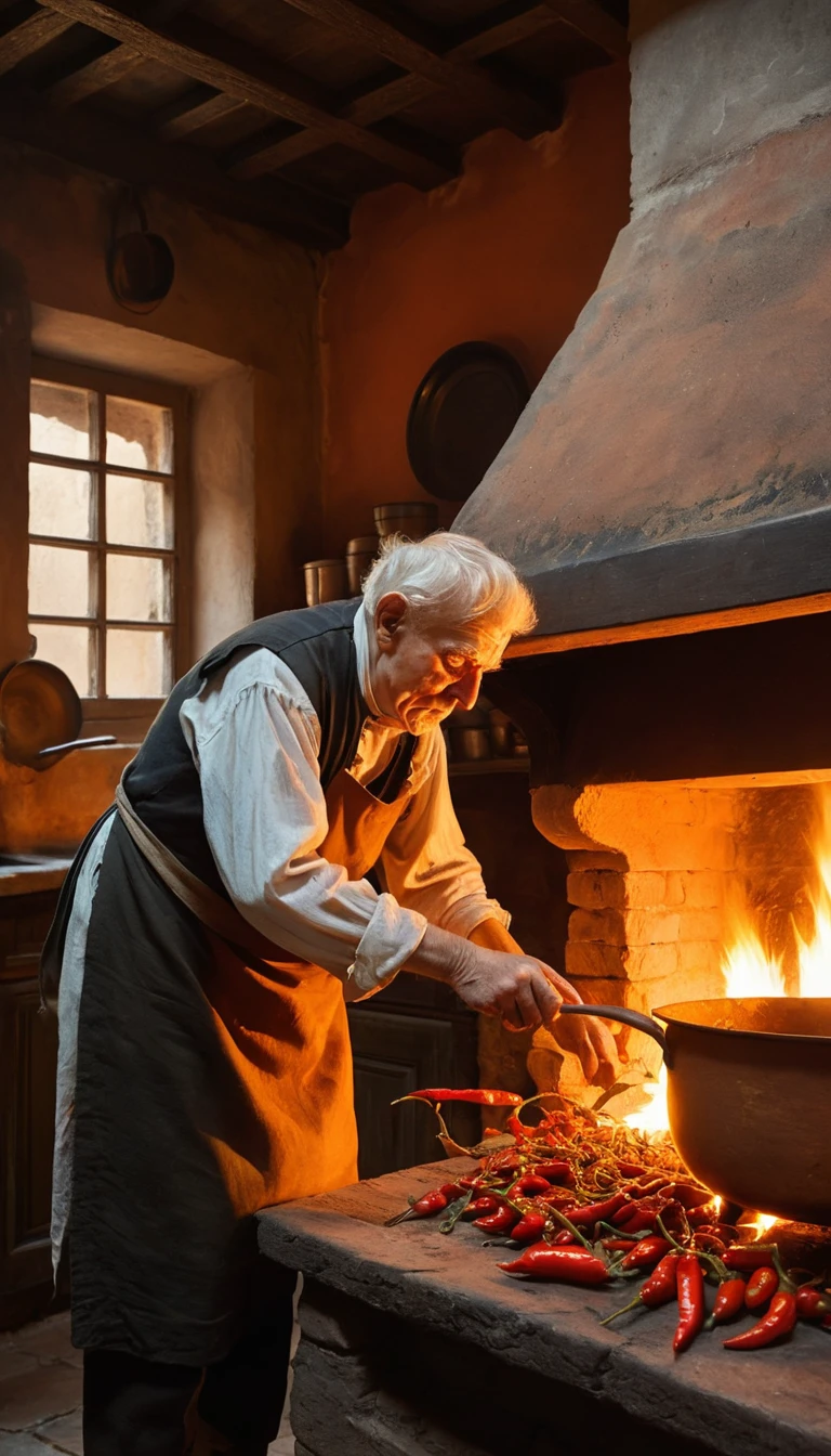 Elderly cook over a glowing hearth in baroque kitchen