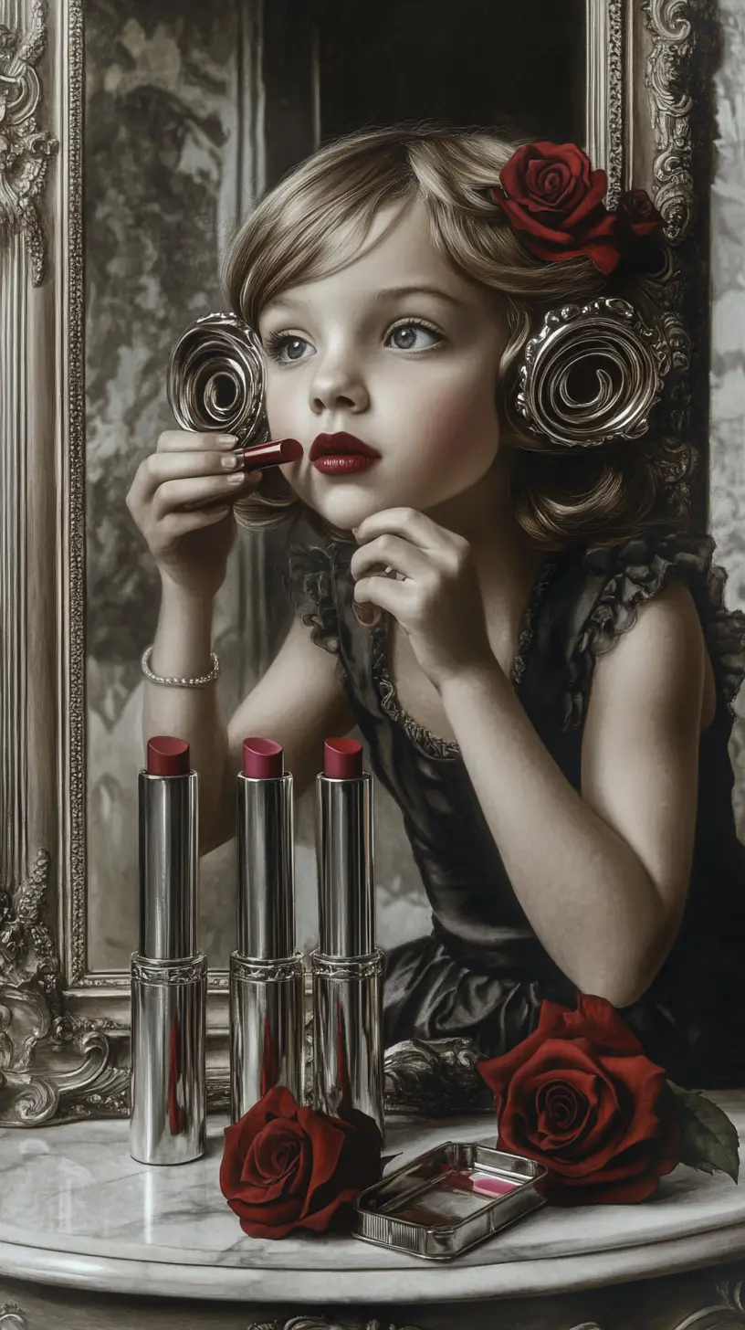 Ragazza che si mette il rossetto allo specchio in un ritratto nostalgico in scala di grigi
