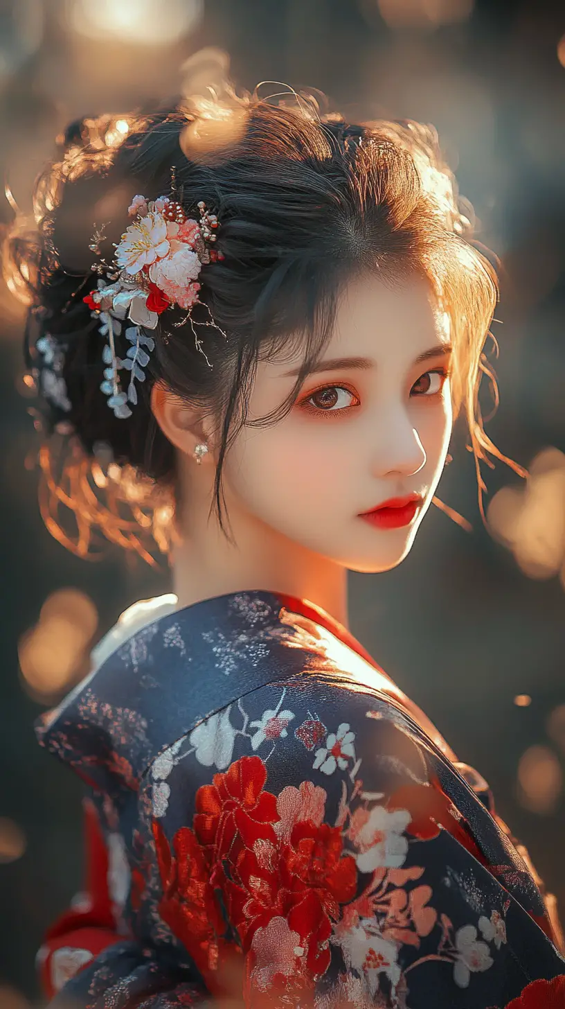 Donna anime in kimono rosso con bokeh di braci luminose