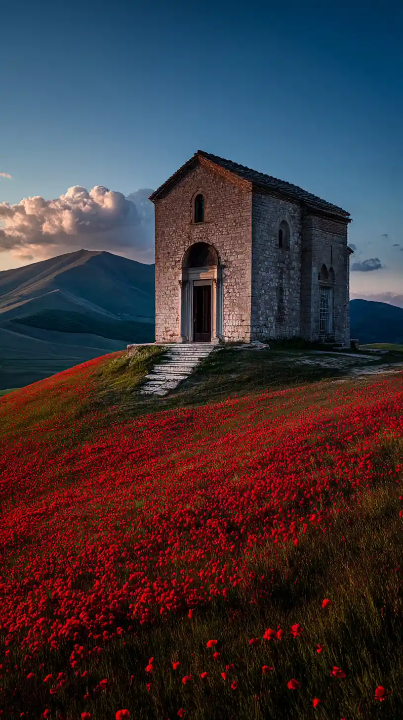 Ancient Hilltop Stone Chapel Overlooking Crimson Poppy Field