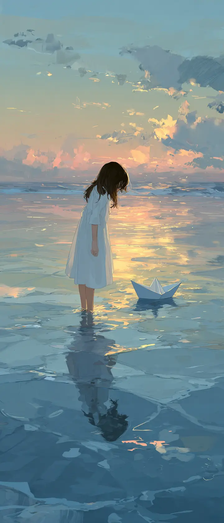 Anime girl releasing paper boat in the quiet sea