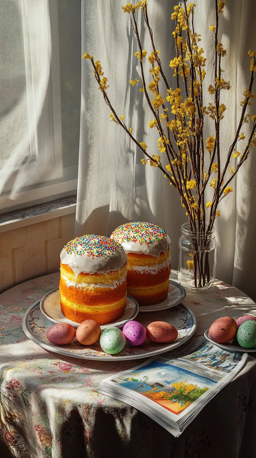 Soviet Easter cakes and painted eggs on a kitchen table