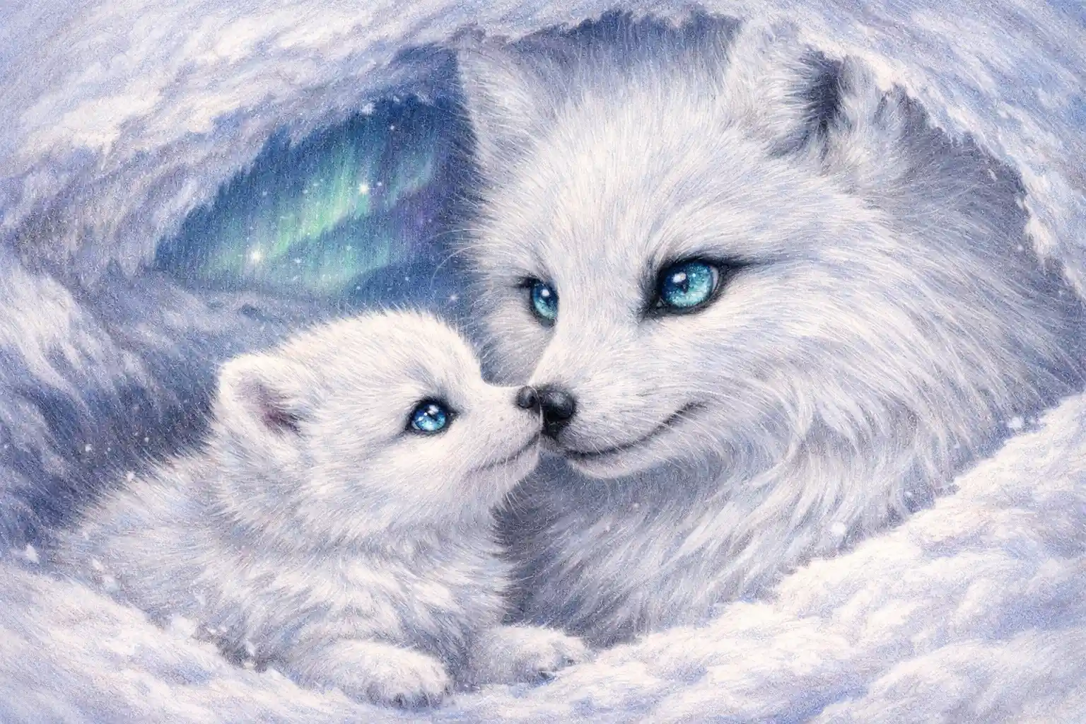 Baby Arctic Fox Nestled With Mother In Snowy Den