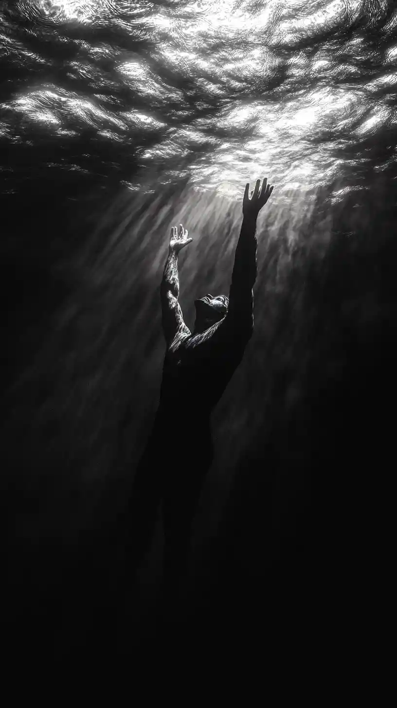 Figure Reaching Toward Light While Sinking Into Darkness