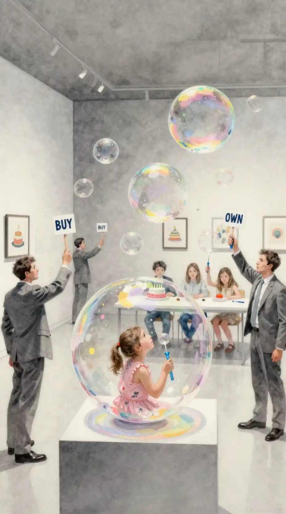 Watercolor auction house with crystal bubbles on display
