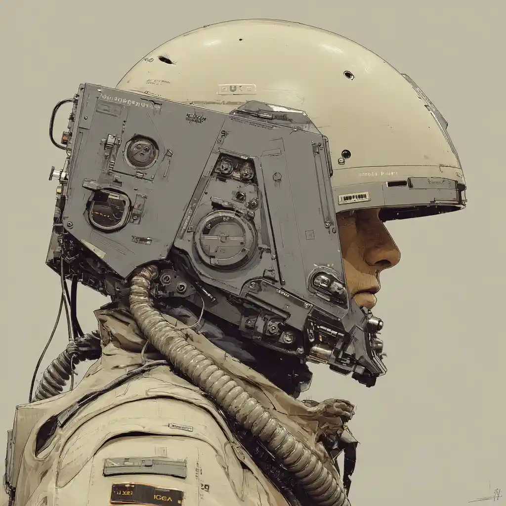 Middle aged man in sci fi wasteland with helmet