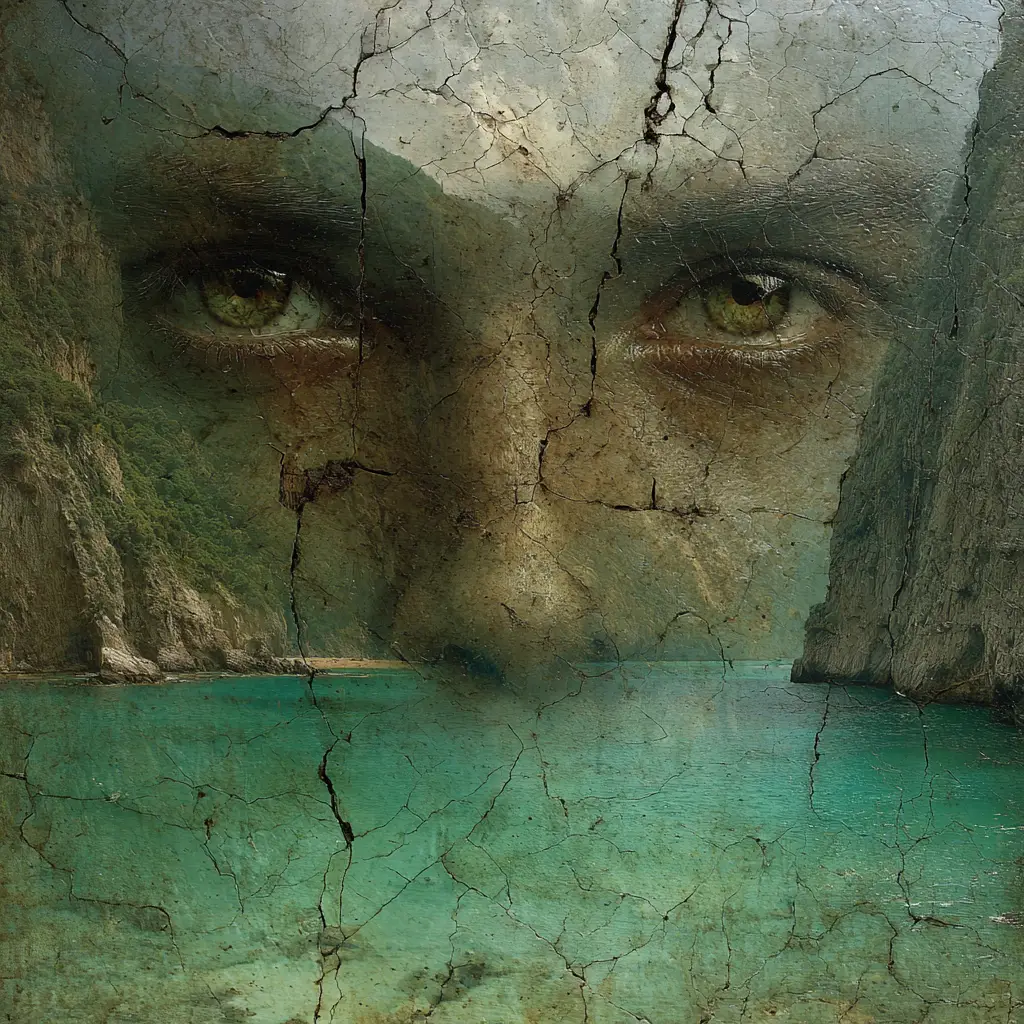 Translucent face emerging against a muted green sky