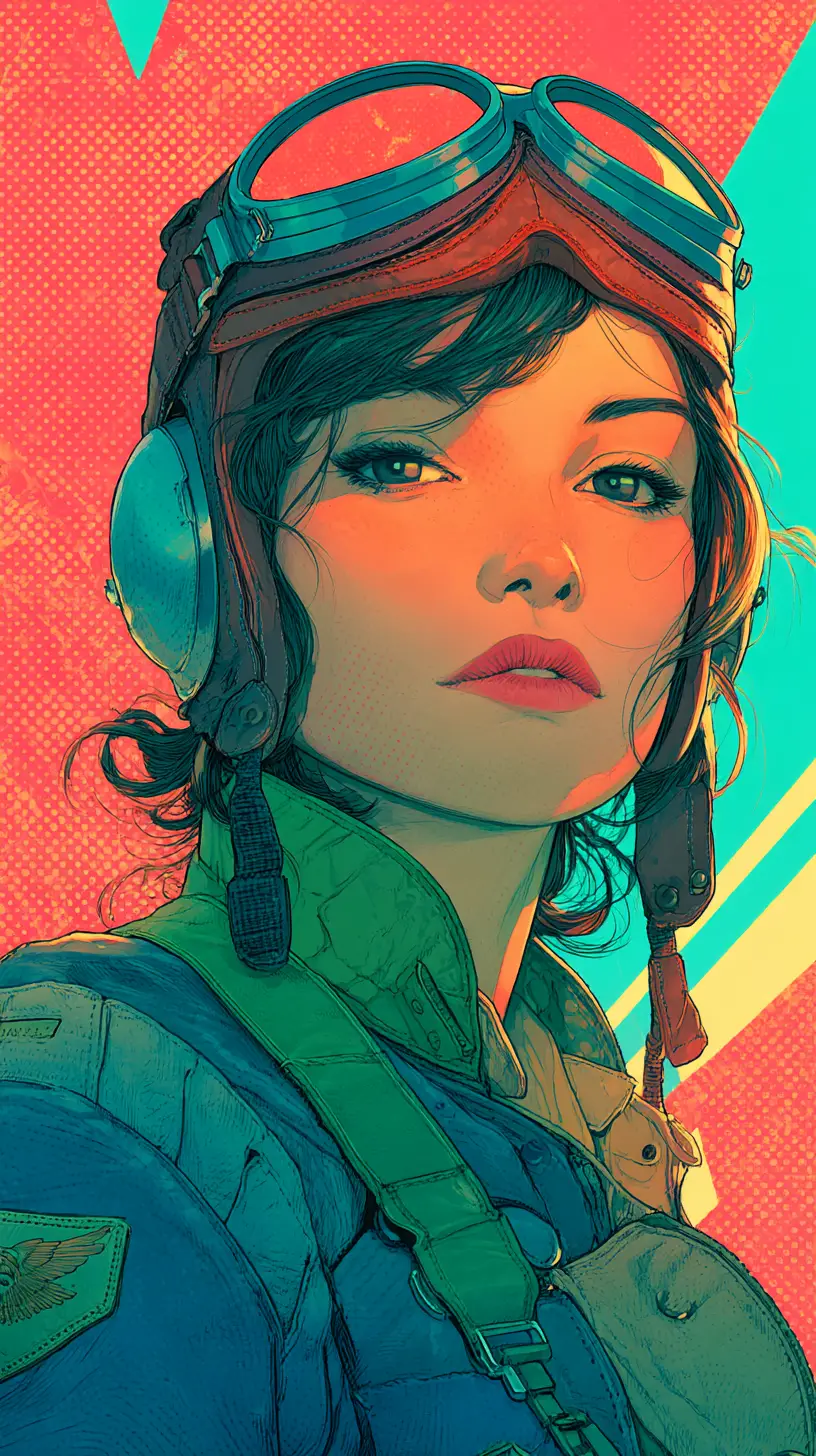 Confident female aviator portrait in retro anime style