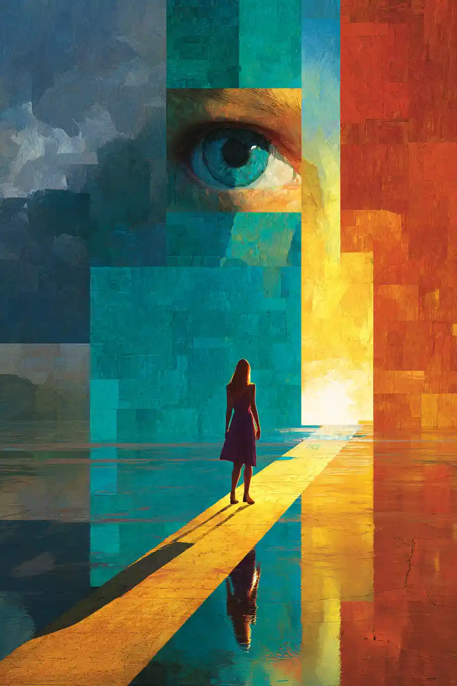 Woman walking alone across reflective ground toward surreal eye
