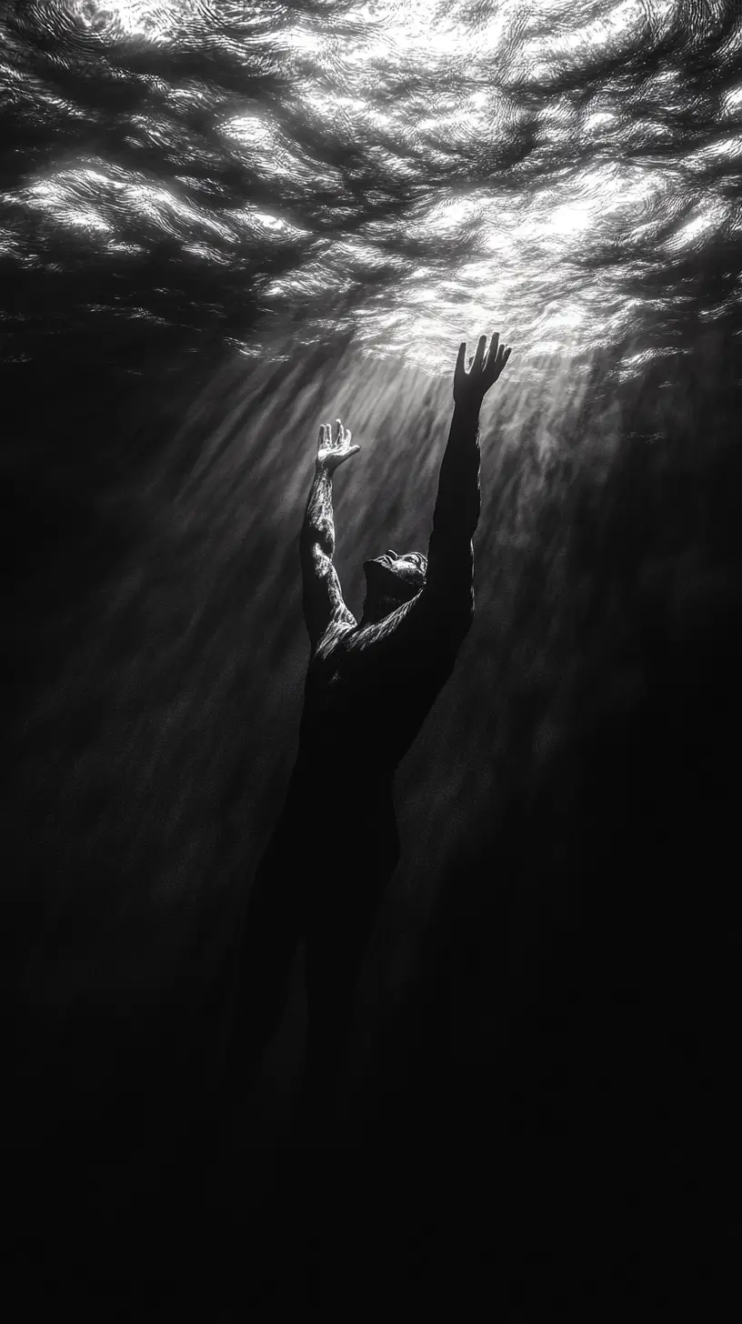 Figure Reaching Toward Light While Sinking Into Darkness