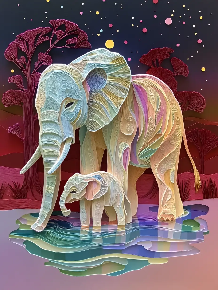 Mother Elephant Sheltering Newborn Calf In Dreamtime Papercraft
