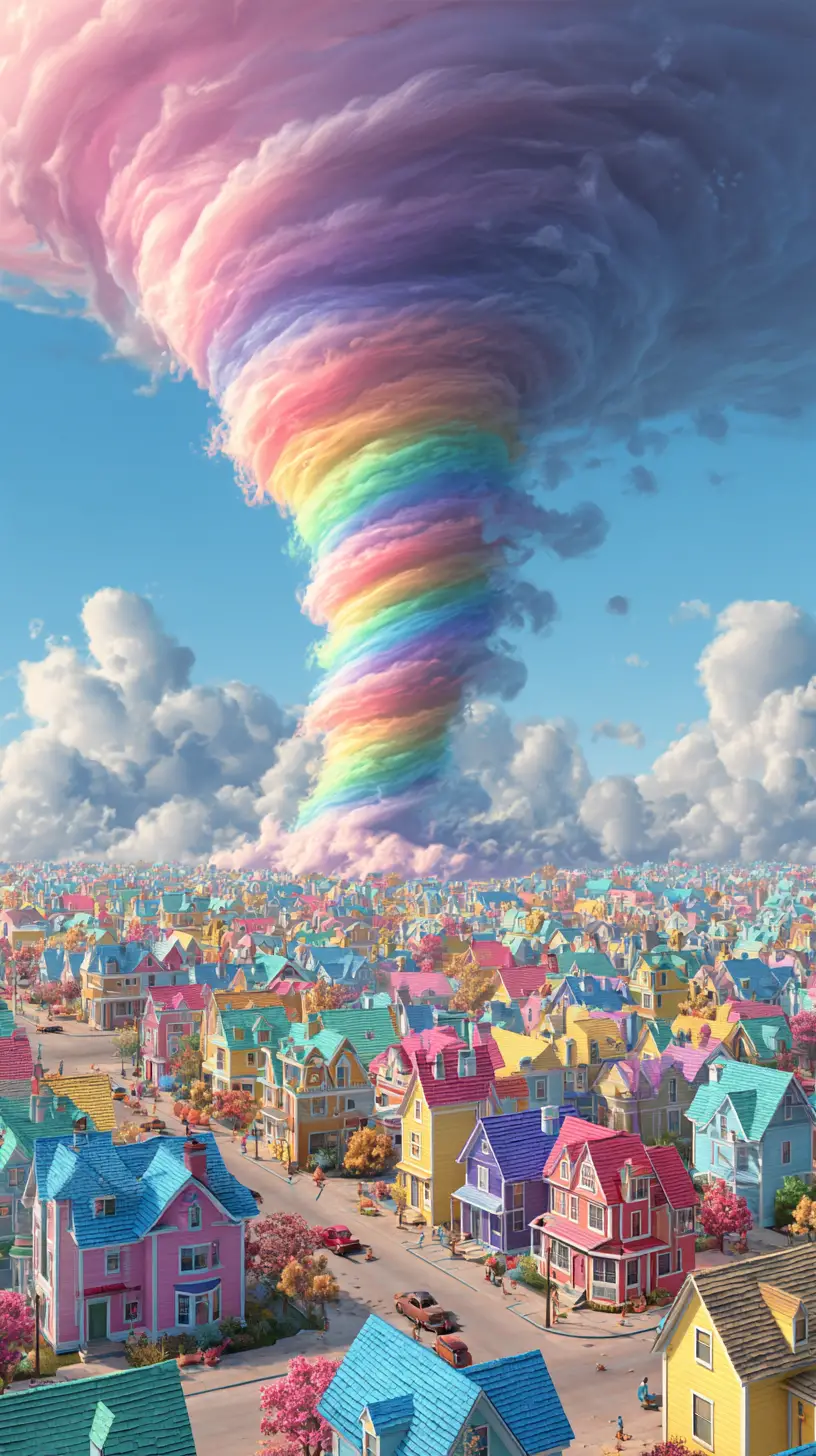 Surreal rainbow tornado swirling over colorful fantasy houses