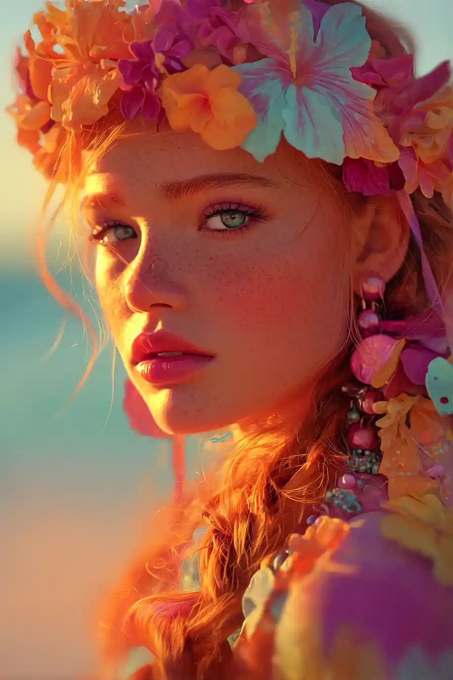 Young woman on a sunlit beach in dreamy style