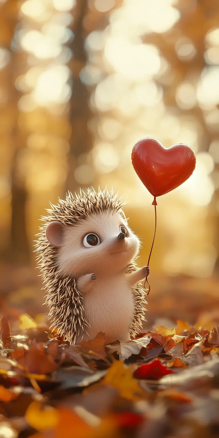 Cute hedgehog with heart balloon on autumn leaves