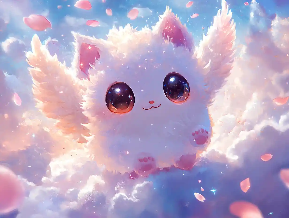 Dolce creatura chibi con ali su una nuvola pastello