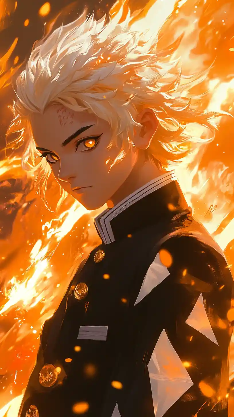 Ragazzo anime con haori nero e oro e bagliore infuocato