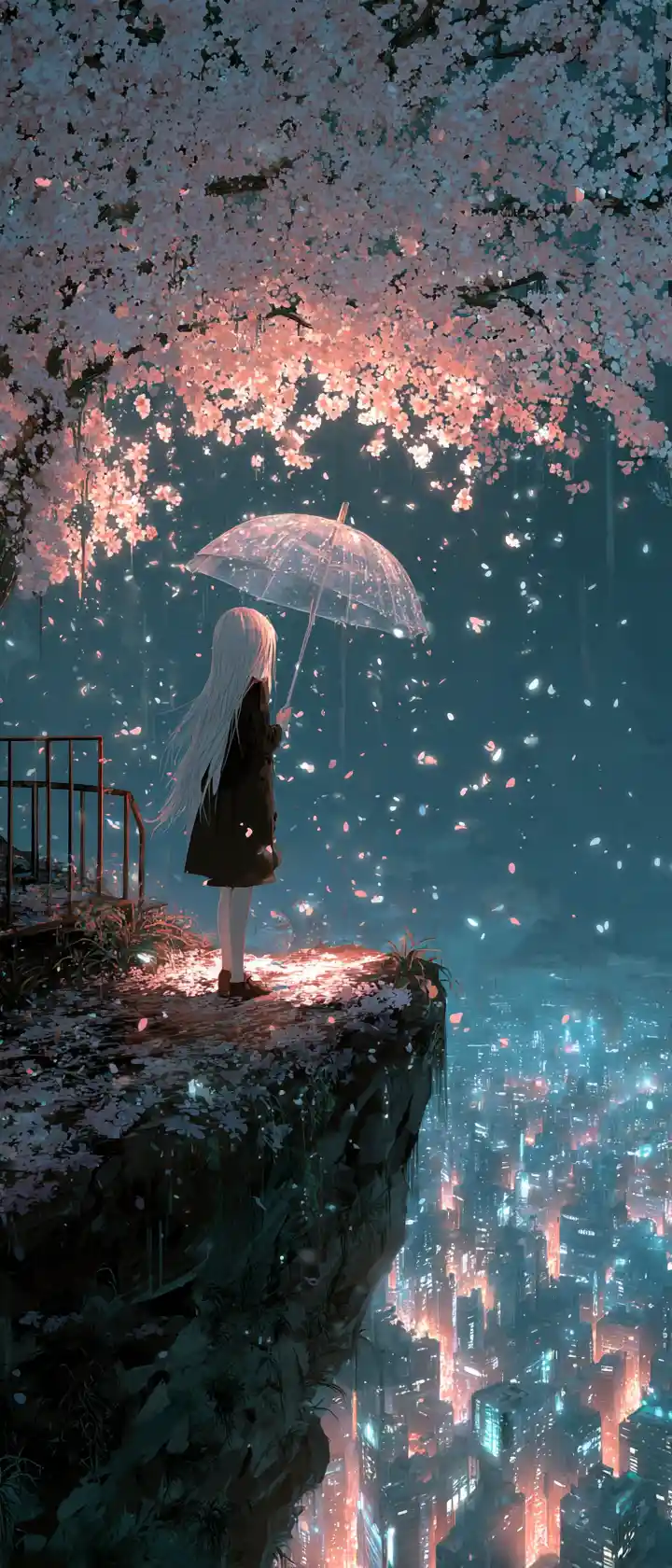 Anime girl on cybernetic cherry blossom cliff at night