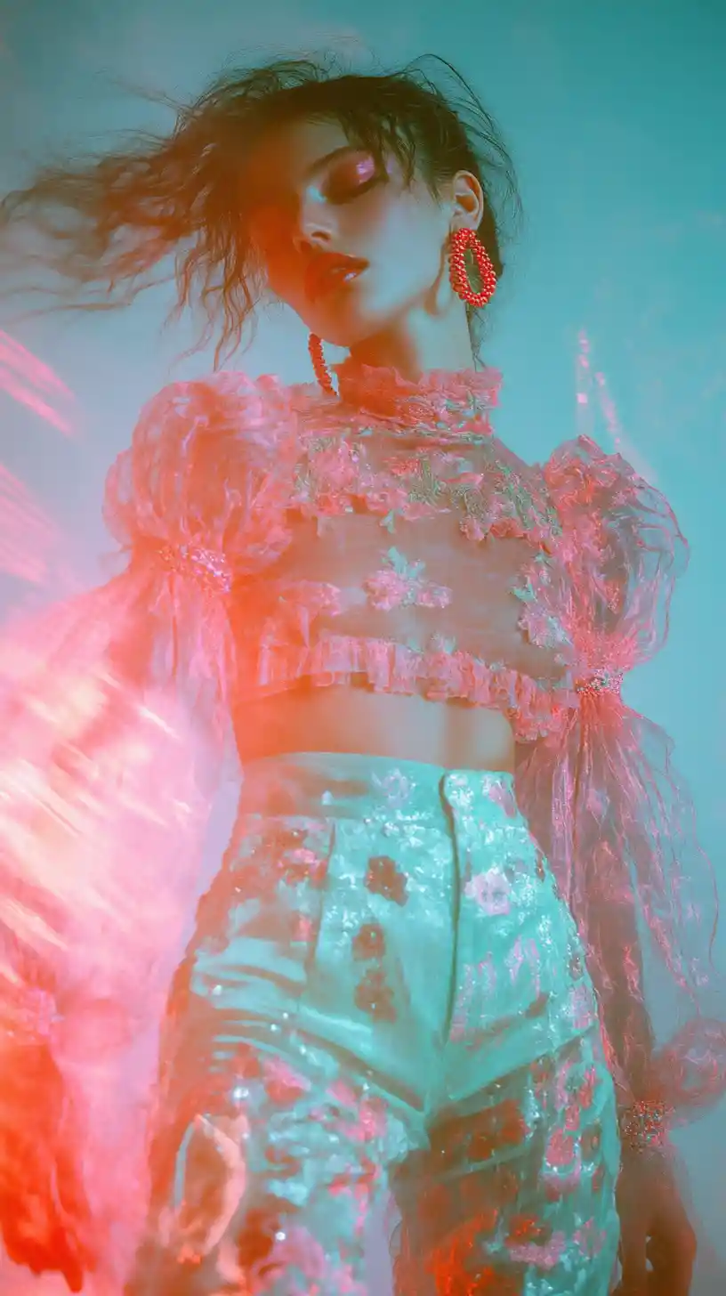 Woman in floral futuristic outfit with pastel pink ponytail
