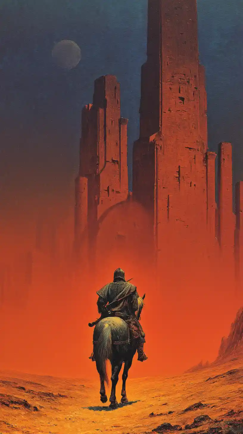 Cavaleiro solitário cavalgando em direção a uma colossal cidade fantástica de obsidiana