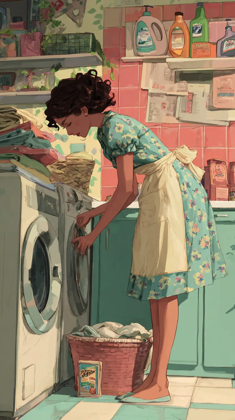 Retro woman loading laundry in a colorful washroom